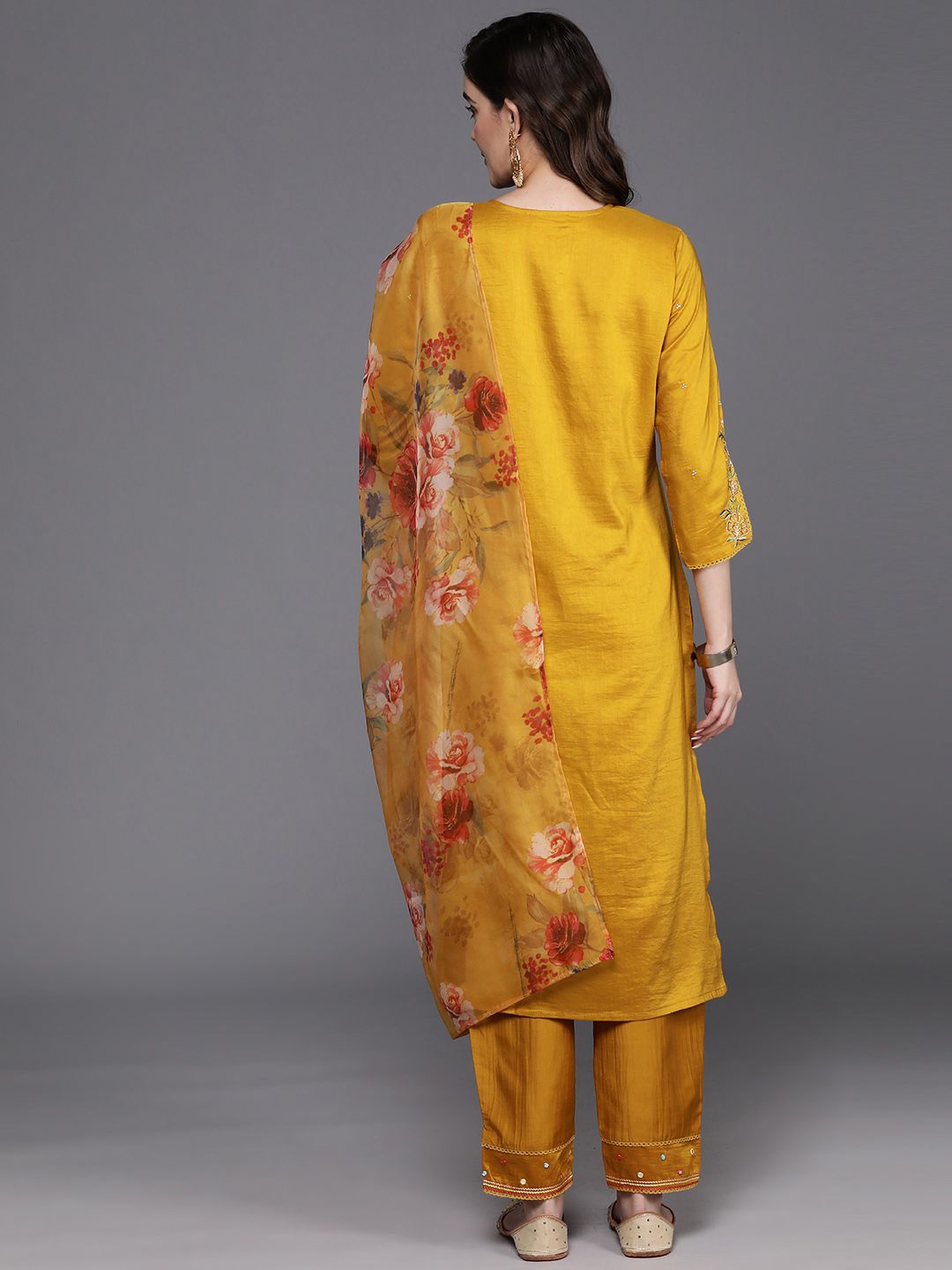 Floral Embroidered Thread Work Kurta with Trousers & Dupatta