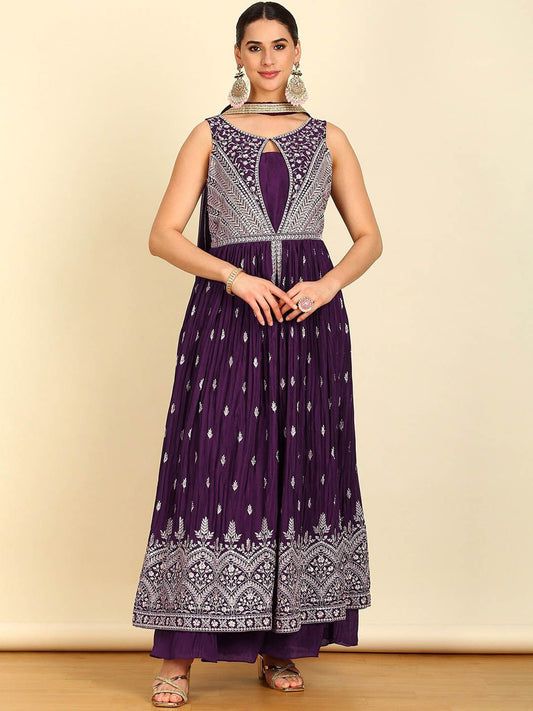Dhiyona SO Women's Alina Cut Round Neck Ethnic Motifs Embroidered Pleated Beads and Stones Kurta Set