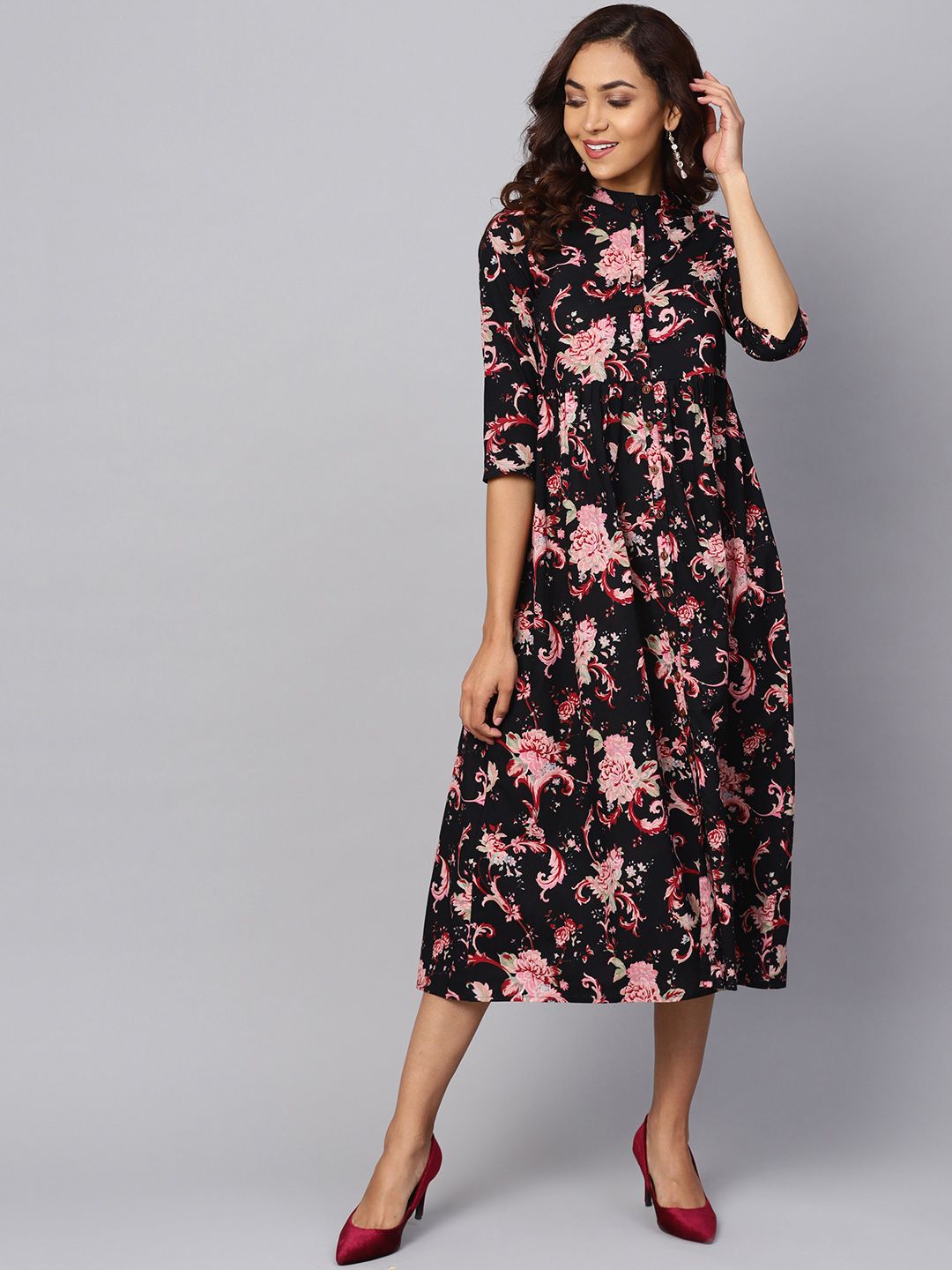 Dhiyona AY Women's Black Printed Fit and Flare Dress