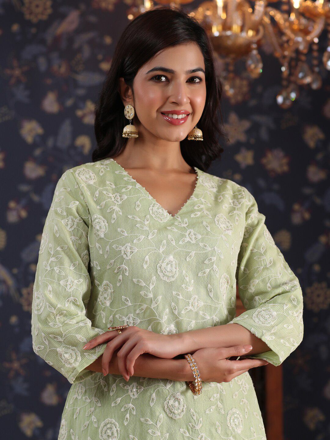 Dhiyona PD Women Ethnic Floral Embroidered Sequined A-Line Kurta With Palazzos