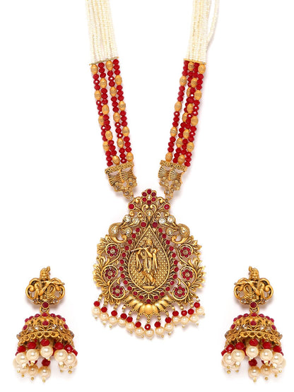 Dhiyona RJ Women's 18K Gold-Plated Red Stone Studded Pearl Beads Divine Krishna Temple Jewellery Set