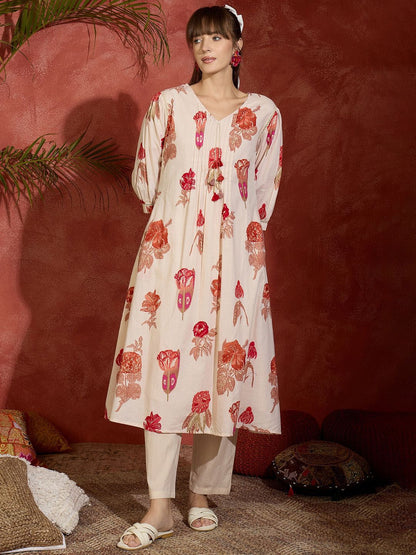 Dhiyona IE Printed Pure Cotton Straight Tunic & Trousers Co-Ord Set