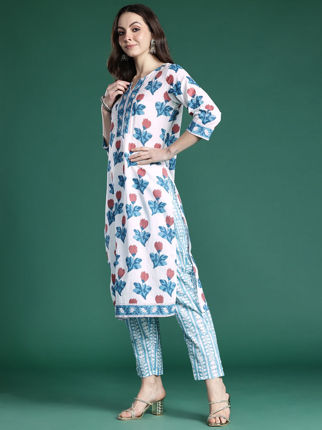 Floral Printed Beads and Stones Pure Cotton Kurta with Trousers & With Dupatta