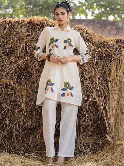 Dhiyona IE Floral Printed Shirt Collar Pure Cotton Tunic With Trouser