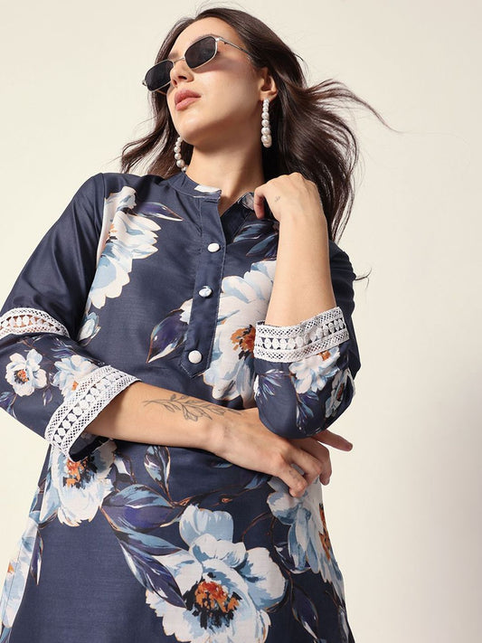 Dhiyona IS Women's Floral Printed Mandarin Collar Straight Kurta With Trousers