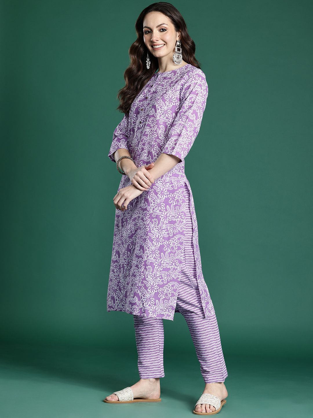 Dhiyona IE Floral Printed Pure Cotton Kurta with Trousers & Dupatta