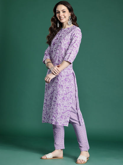 Dhiyona IE Floral Printed Pure Cotton Kurta with Trousers & Dupatta