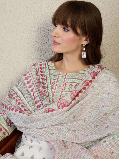 Women Floral Printed Cotton Kurta with Trousers & Dupatta