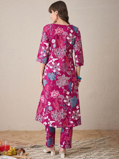 Women Floral Printed Regular Pure Cotton Kurta with Trousers