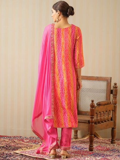 Dhiyona PD Women Pink Bandhani Printed Straight Kurta & Trousers With Dupatta