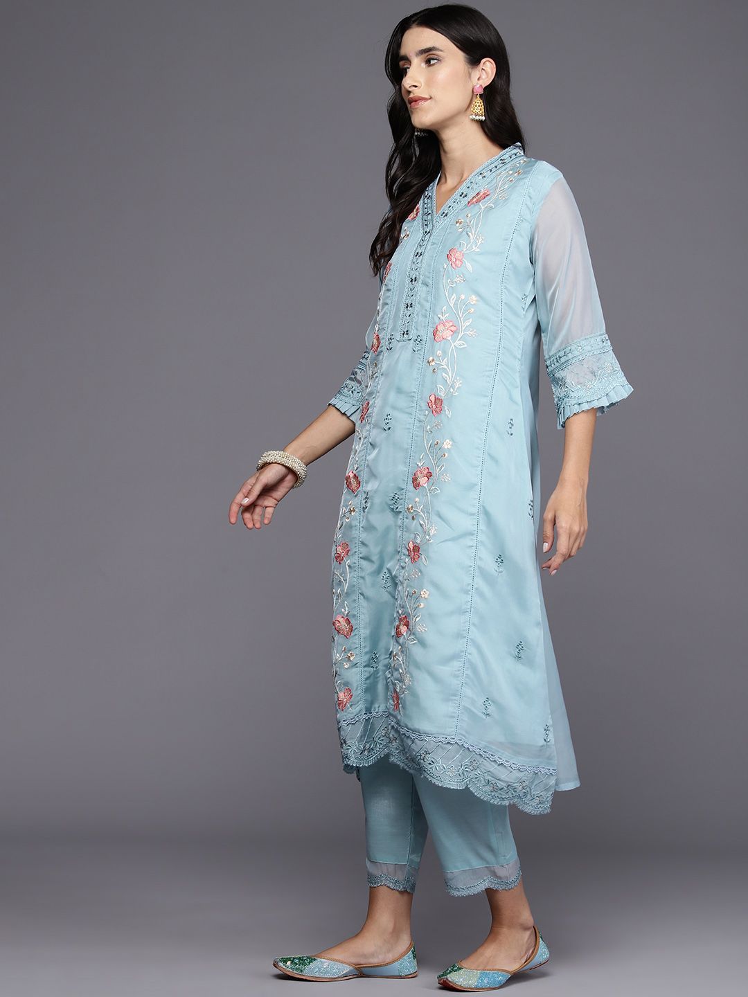 Dhiyona IE Women Floral Embroidered Regular Thread Work Kurta with Trousers & Dupatta