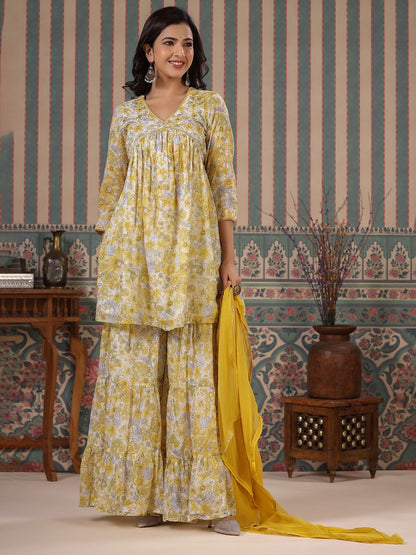 Dhiyona IS Women's Floral Printed V-Neck Empire Pure Cotton A-Line Kurti With Sharara & Dupatta
