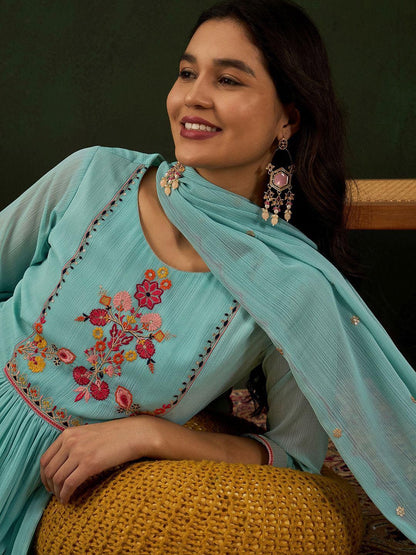Dhiyona SN Women's Blue Floral Embroidered Zari Sequince Anarkali Kurta With Trousers And Dupatta