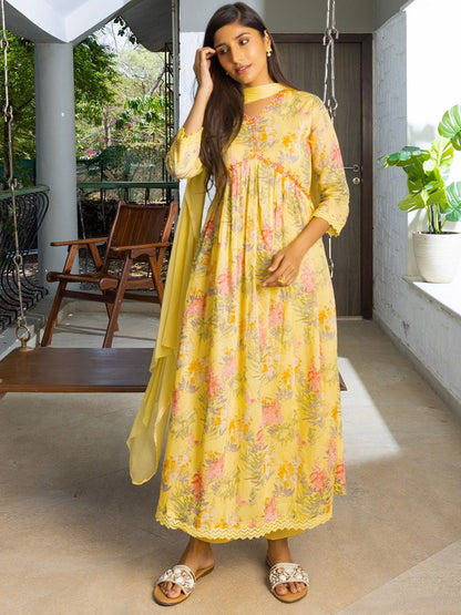 Dhiyona SN Women's Alia Cut Floral Printed Mirror Work Pure Cotton A Line Kurta With Trousers & Dupatta