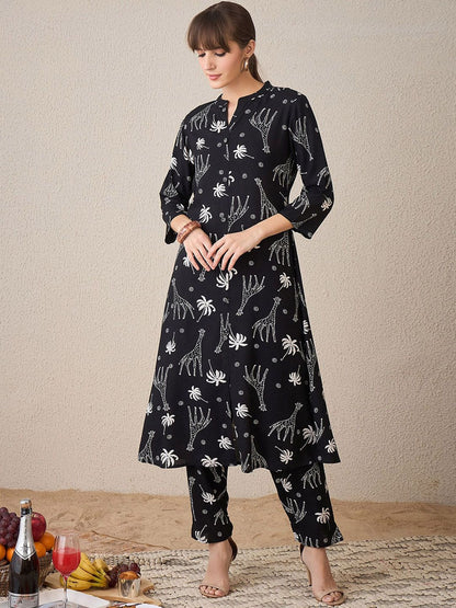 Dhiyona IE Printed Mandarin Collar A-Line Tunic With Trouser