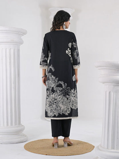 Dhiyona VA Women's Floral Printed Regular Thread Work Pure Cotton Kurta with Trousers & With Dupatta