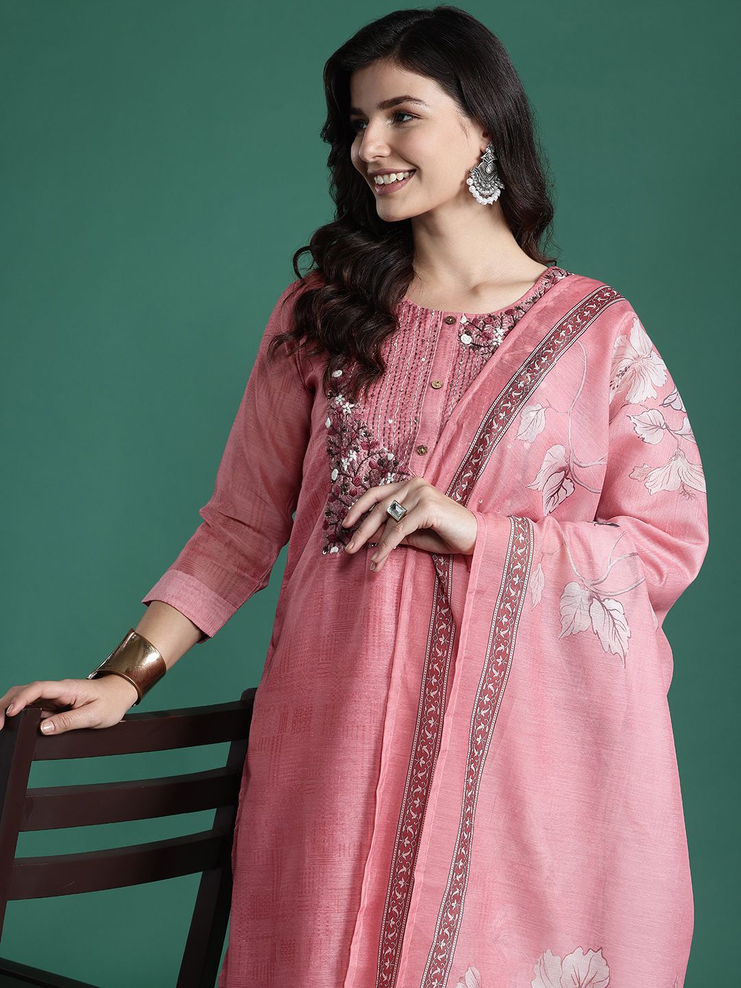 Floral Embroidered Thread Work Chanderi Silk Kurta with Trousers & With Dupatta