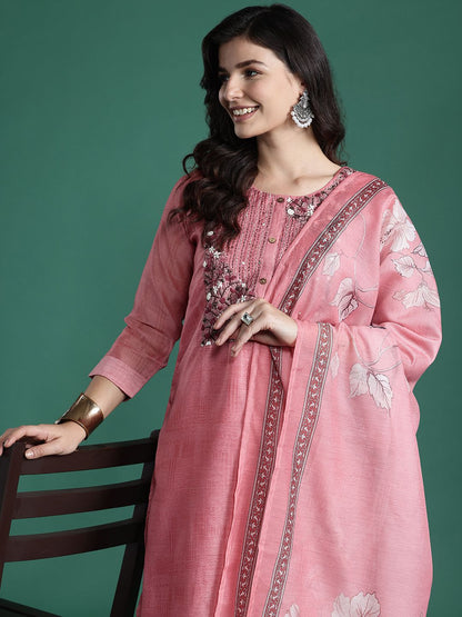 Floral Embroidered Thread Work Chanderi Silk Kurta with Trousers & With Dupatta