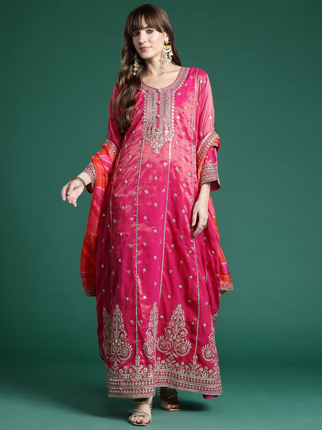 Ethnic Motifs Embroidered Regular Sequinned Kurta with Trousers & Dupatta