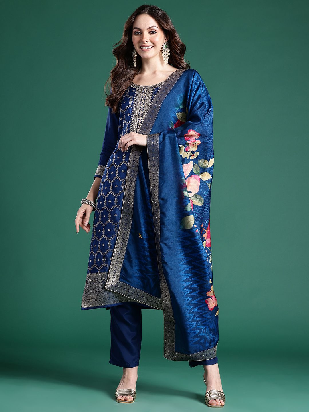Floral Embroidered Regular Kurta with Trousers & Dupatta