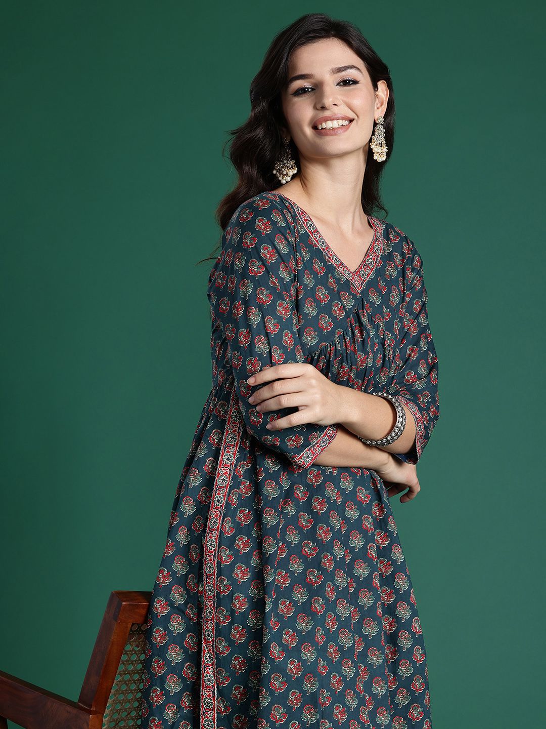 Dhiyona IE Ethnic Motifs Printed Empire Pure Cotton Kurta with Trousers