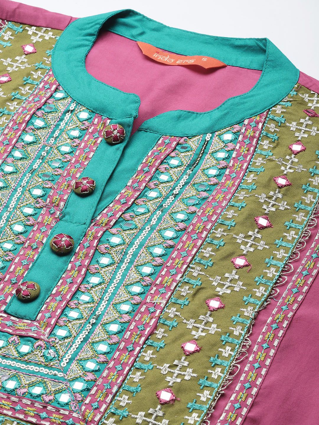 Dhiyona IE Ethnic Motifs Embroidered Panelled Mirror Work Kurta With Trousers & Dupatta