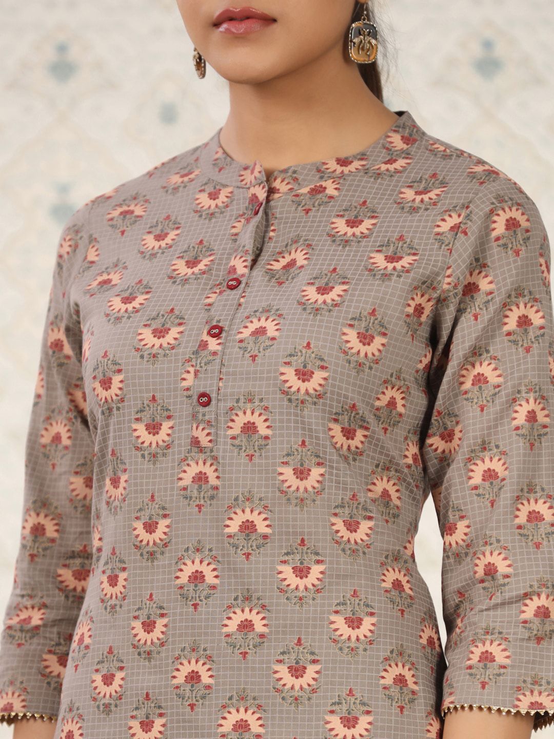 Dhiyona OD  Floral Printed Band Collar Pure Cotton Kurta with Trousers