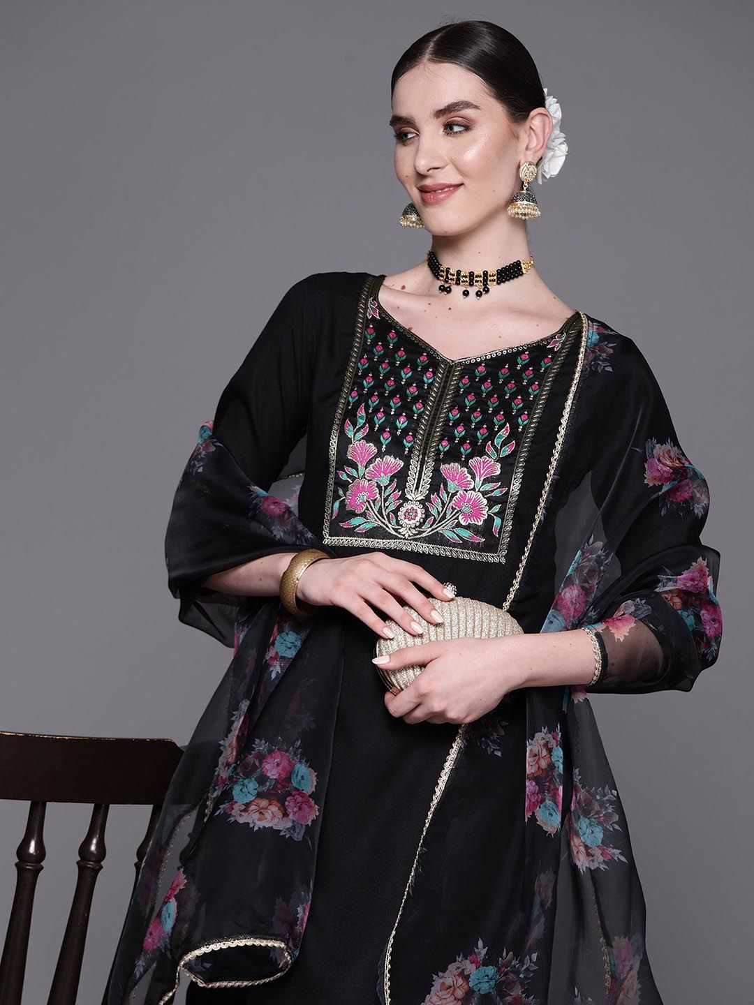 Floral Embroidered Pure Cotton Straight Kurta With Palazzos & Dupatta