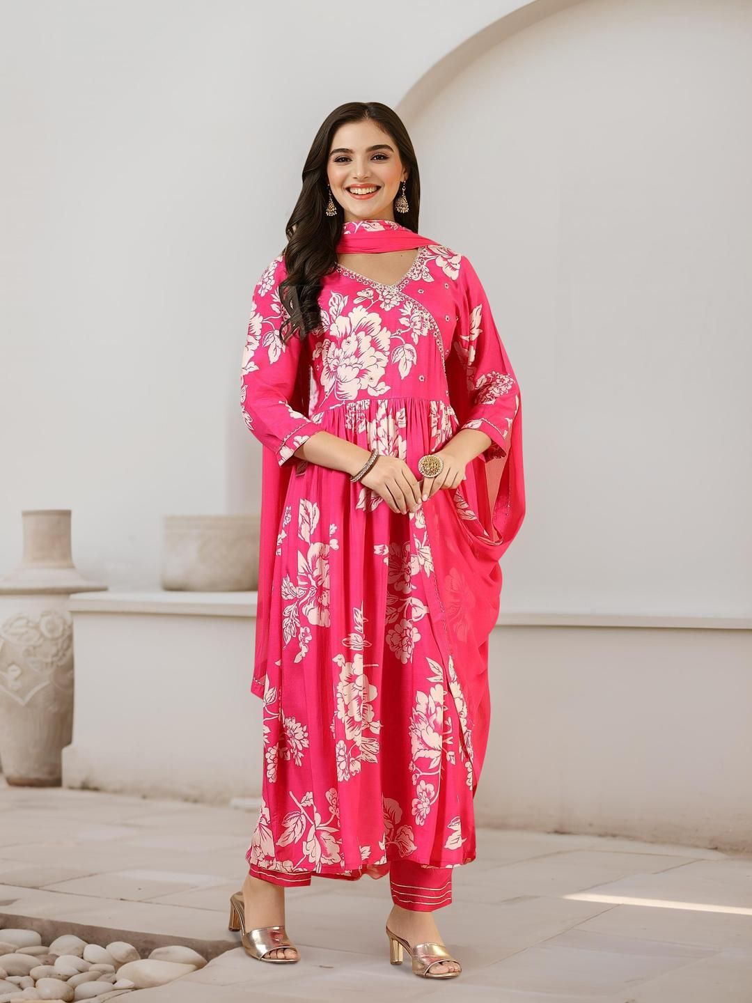 Dhiyona IS Women's Floral Printed Pure Cotton A-Line Kurta With Trousers & Dupatta