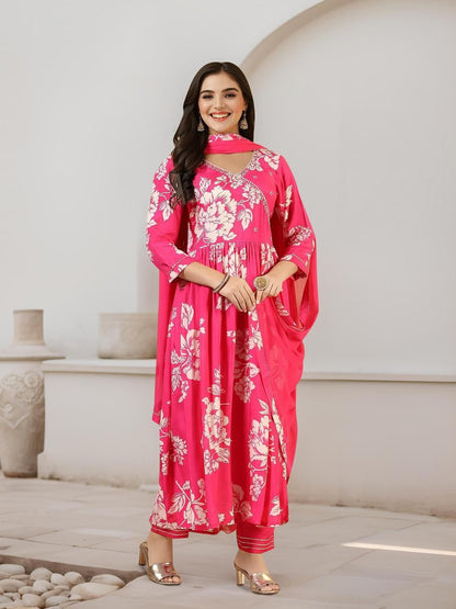 Dhiyona IS Women's Floral Printed Pure Cotton A-Line Kurta With Trousers & Dupatta