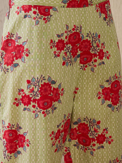 Dhiyona IE Women Floral Printed Regular Mirror Work Pure Cotton Kurta with Trousers