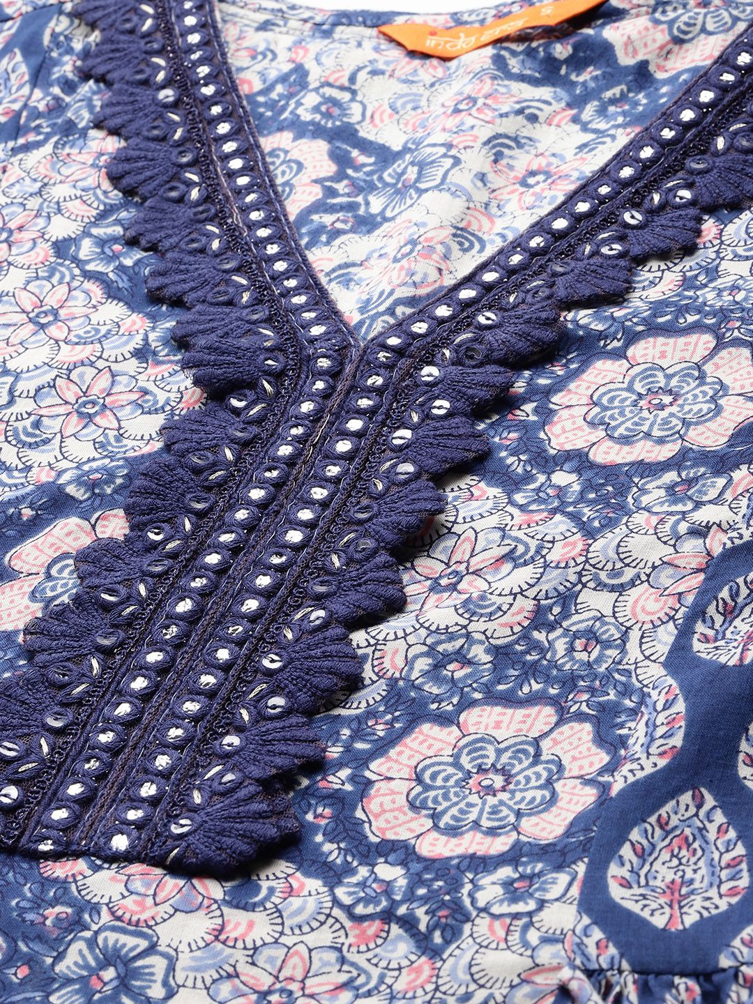Dhiyona IE Floral Printed Angrakha Mirror Work Pure Cotton Kurta with Trousers