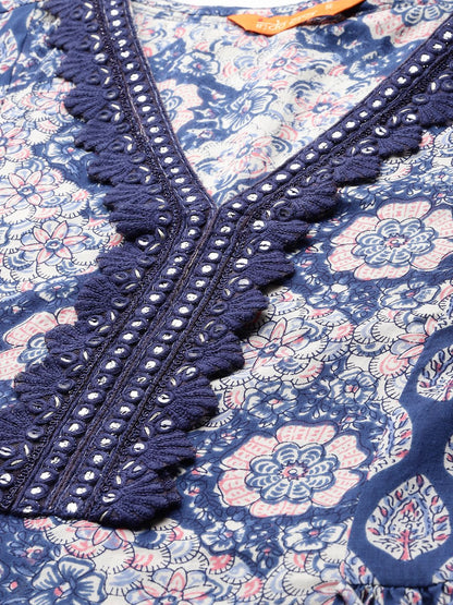 Dhiyona IE Floral Printed Angrakha Mirror Work Pure Cotton Kurta with Trousers
