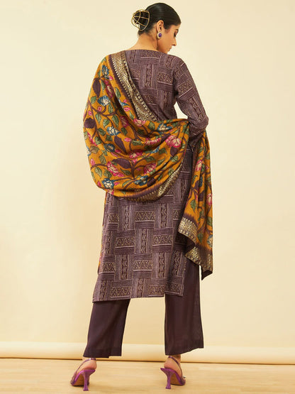 Dhiyona SO Women's Purple Geometric Printed Straight Kurta & Palazzos With Dupatta
