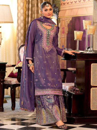 Floral Embroidered Sequinned Straight Kurta With Palazzos & Dupatta