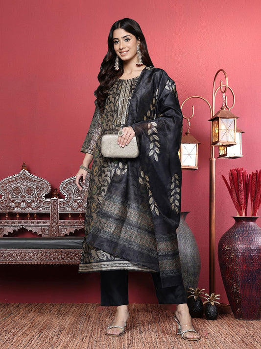 Dhiyona VA Women'sGrey Floral Printed Beads and Stones Straight Kurta with Trousers & Dupatta