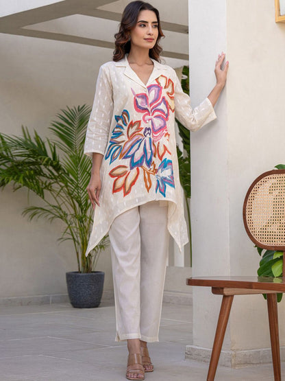Dhiyona IE Floral Printed Shirt Collar A-Line Pure Cotton Kurta With Trousers