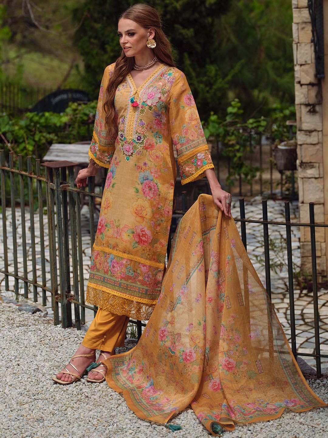 Women Floral Embroidered Beads and Stones Linen Kurta, Trousers With Dupatta