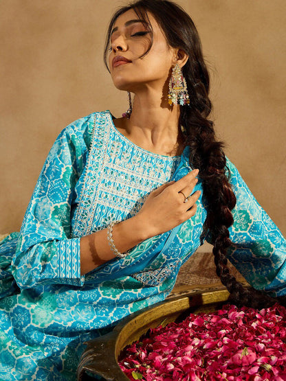 Dhiyona IE Printed Regular Thread Work Pure Cotton Straight Kurta with Trousers & Dupatta