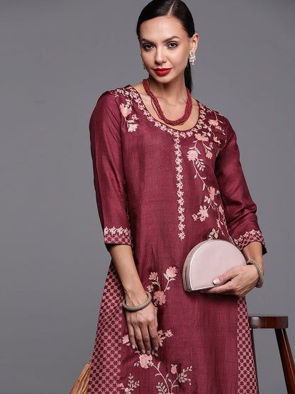 Dhiyona IE Women Maroon & Beige Ethnic Motifs Printed Kurta