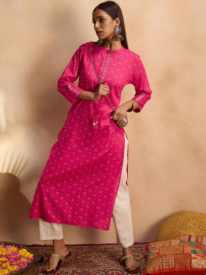 Dhiyona IE Ethnic Motifs Printed Mirror Work Straight Kurta