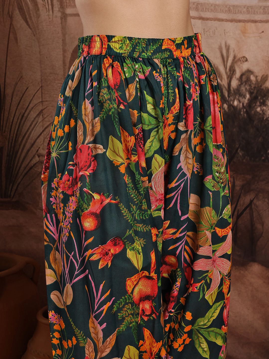 Dhiyona SN Women's Floral Printed Pleated Sequinned Kurta with Dhoti Pants & Dupatta