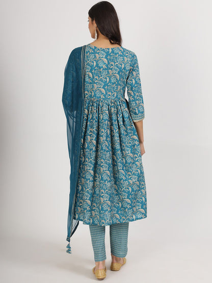Dhiyona KL Floral Printed Beads and Stones Pure Cotton Kurta & Trousers With Dupatta