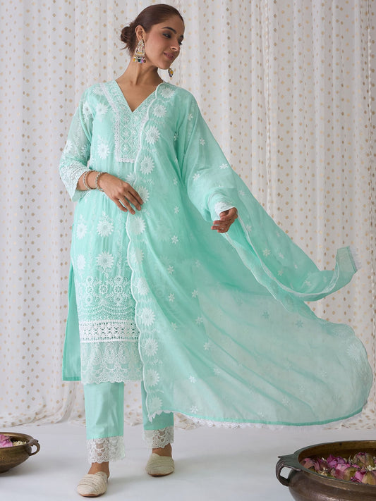 Dhiyona IE Floral Embroidered Pure Cotton Straight Kurta With Trousers & Dupatta