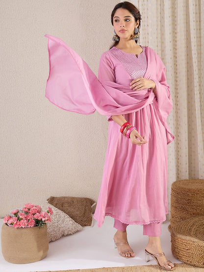 Dhiyona IE Women Yoke Design Embroidered Cotton Kurta with Trousers & Dupatta
