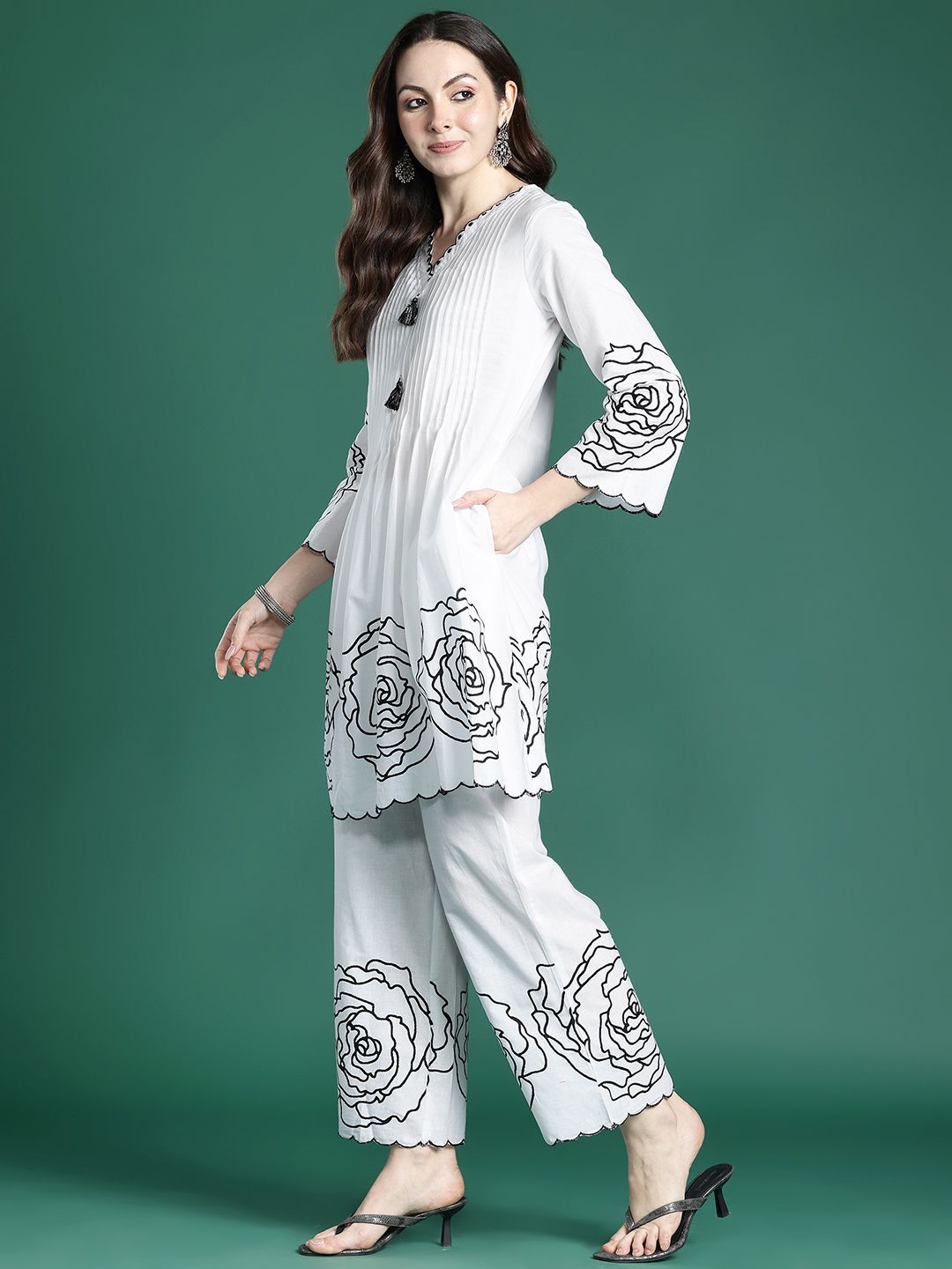 Floral Printed Pleated Mirror Work Pure Cotton Kurta with Palazzos
