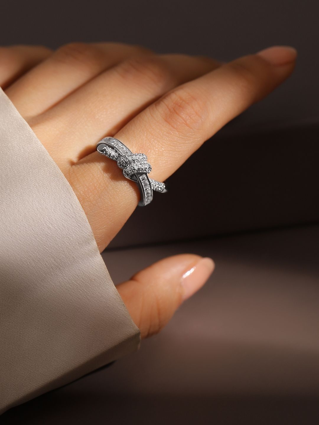 Dhiyona RJ Women's Rhodium Plated Baguette & Pave Cubic Zirconia Studded Knot Design Openable Ring