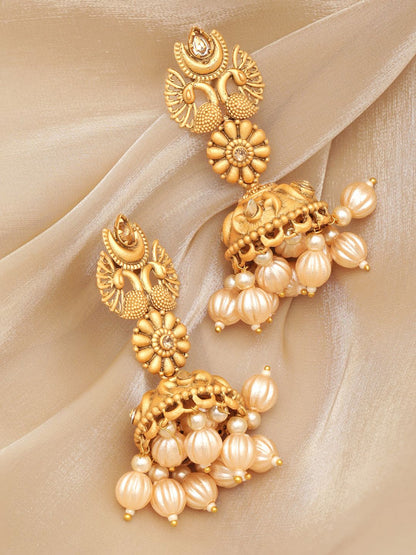 Dhiyona RJ Women's Gold-Plated Pearls Peacock Shaped Jhumkas Earrings