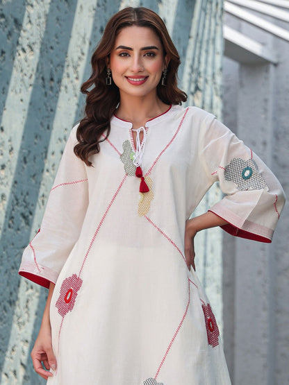 Floral Embroidered Mirror Work Tie-Up Neck Pure Cotton A-Line Kurta With Trousers