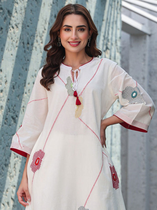 Floral Embroidered Mirror Work Tie-Up Neck Pure Cotton A-Line Kurta With Trousers